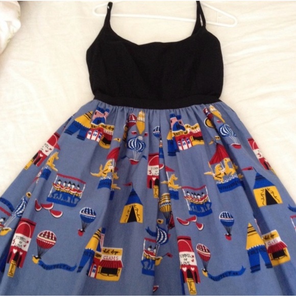 Anna Sui Anthropologie County Fair Carnival Print Fit Flare Dress Blue 4 Rare - Picture 2 of 6